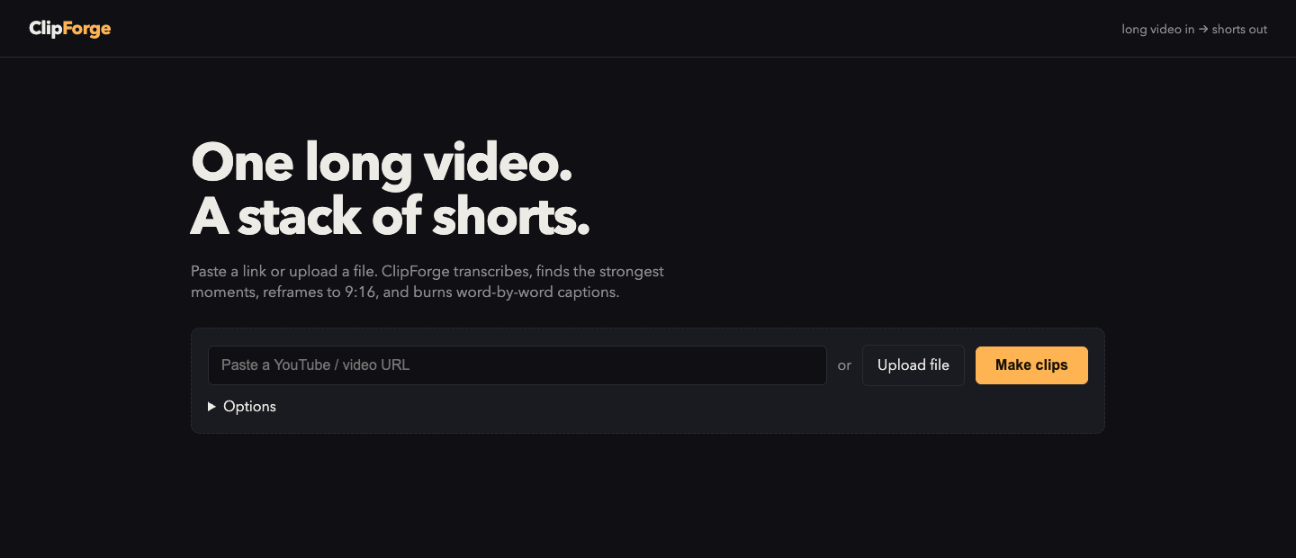 ClipForge upload interface with a video URL field, upload button, clipping options, and Make clips action