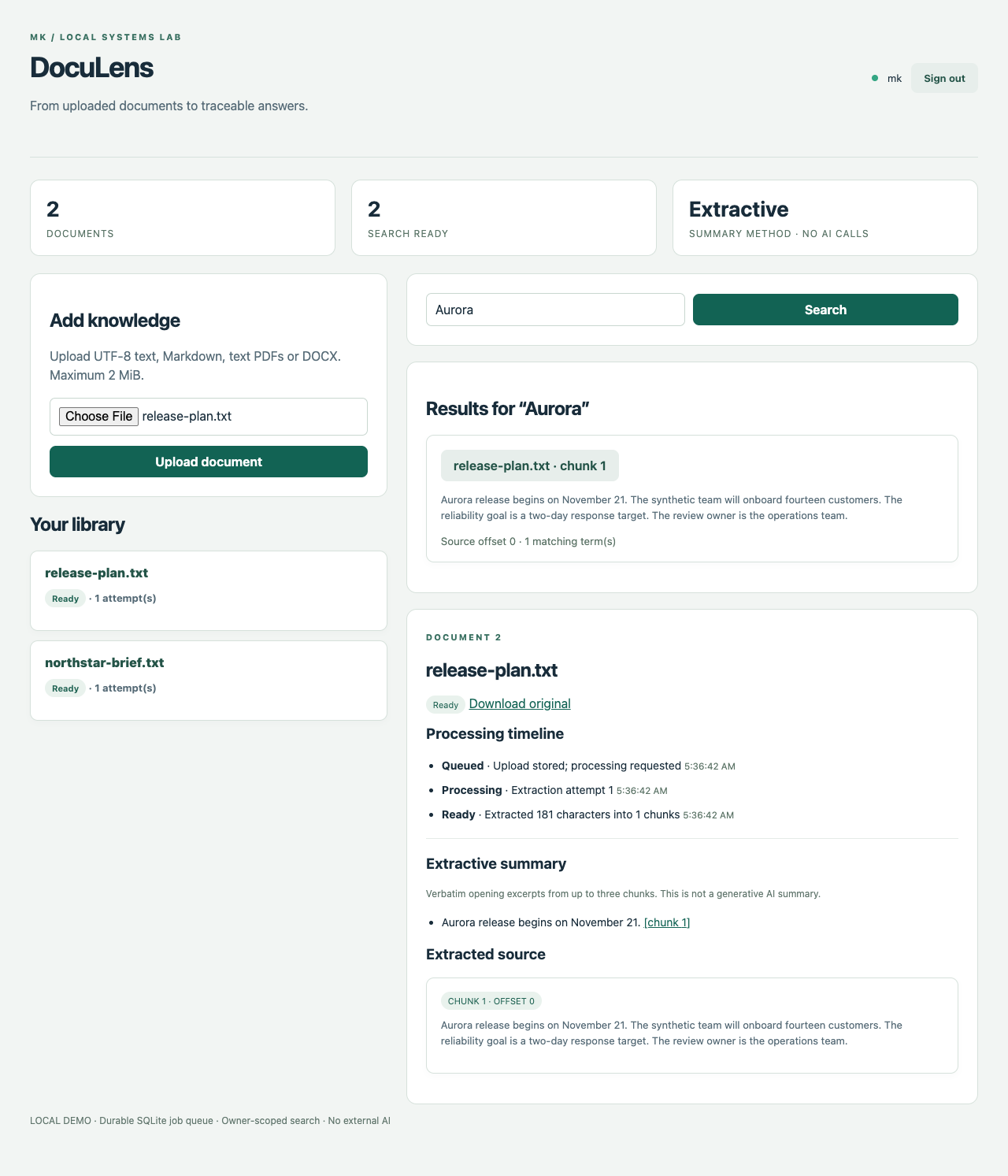 DocuLens document library showing a keyword search result, processing timeline, and extractive summary linked to its source