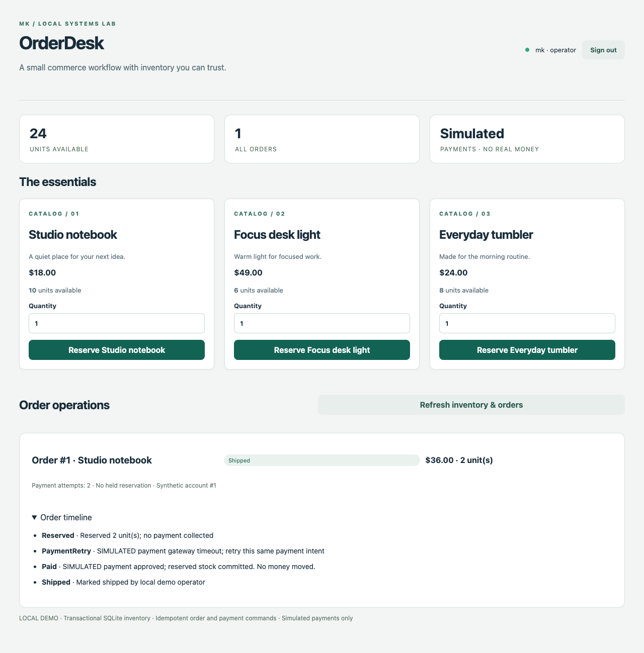 OrderDesk catalog, available inventory, and an order timeline showing a simulated payment retry followed by shipment