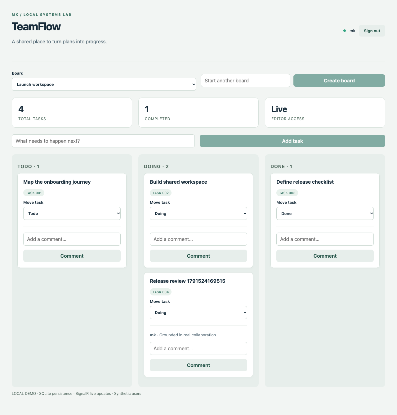 TeamFlow board with To do, Doing, and Done columns, task controls, and a shared comment
